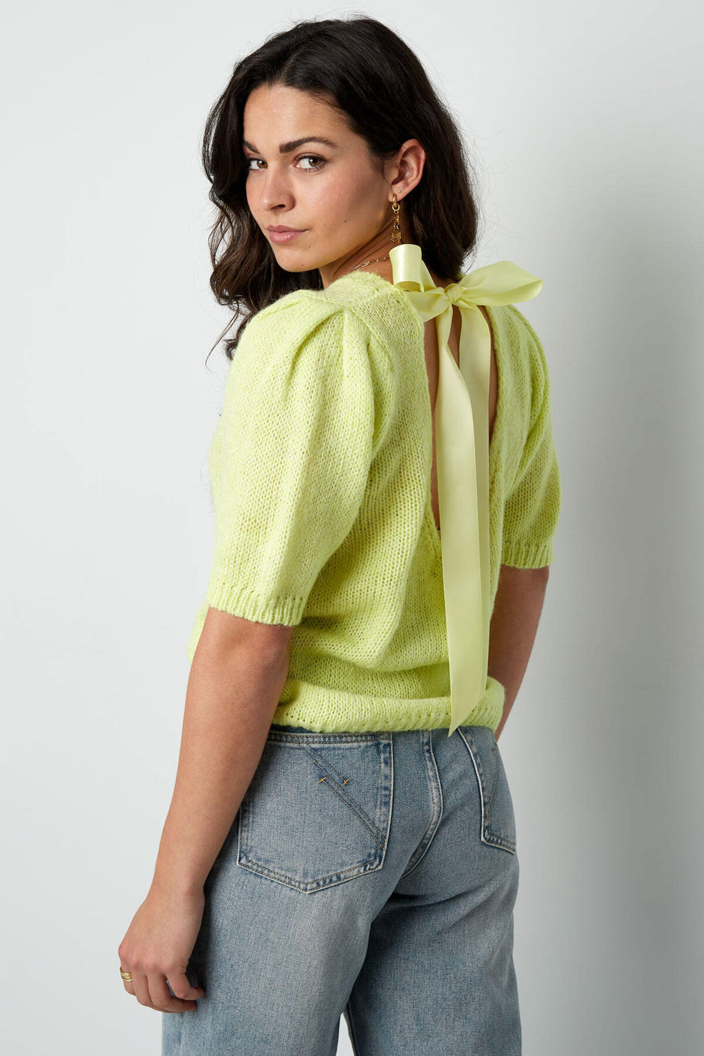 Nylon Women's Short Sleeve Top Knitted Back Tie Design