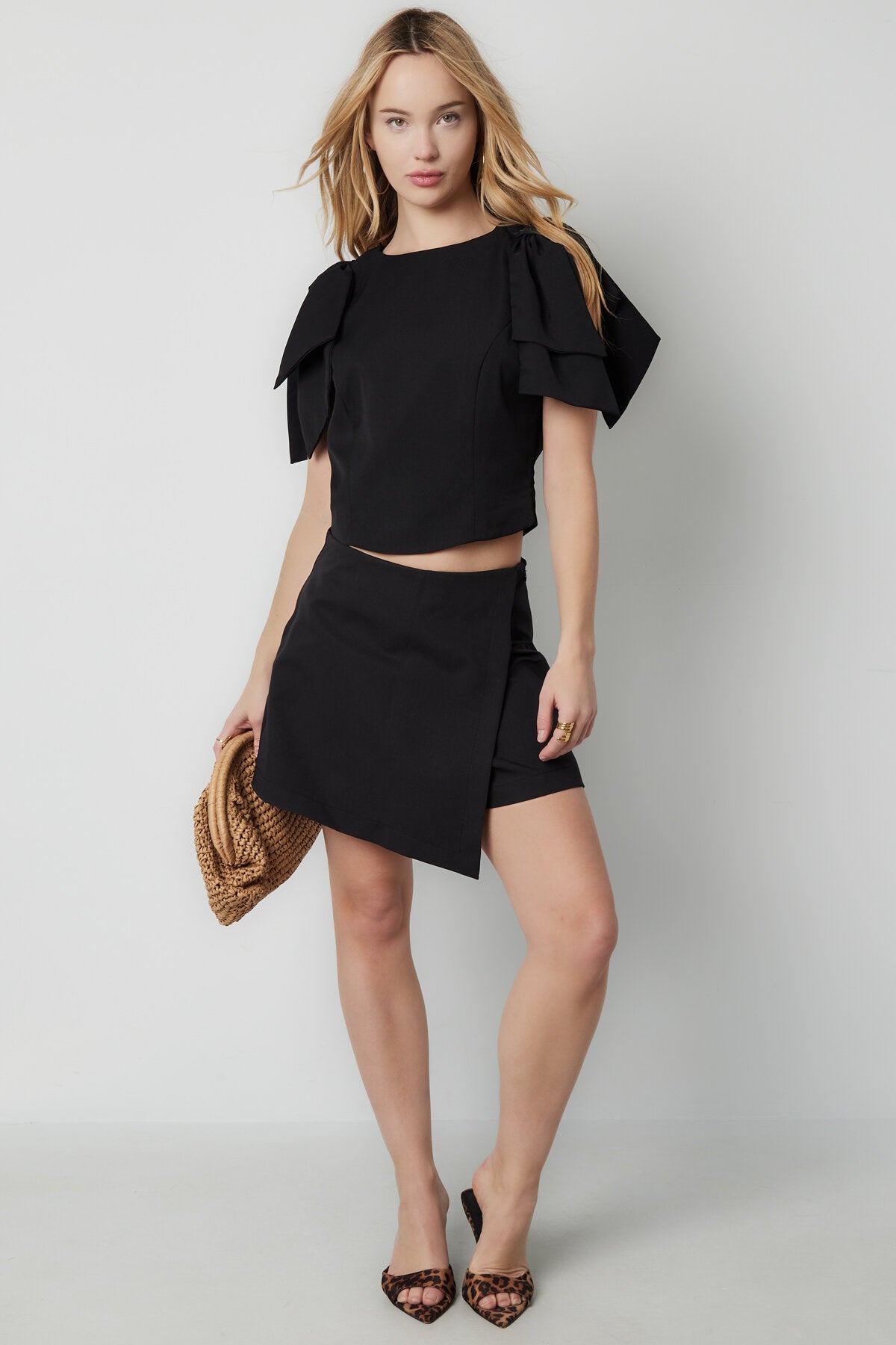 Polyester Women's Short Sleeve Top Ruffle Shoulder Design