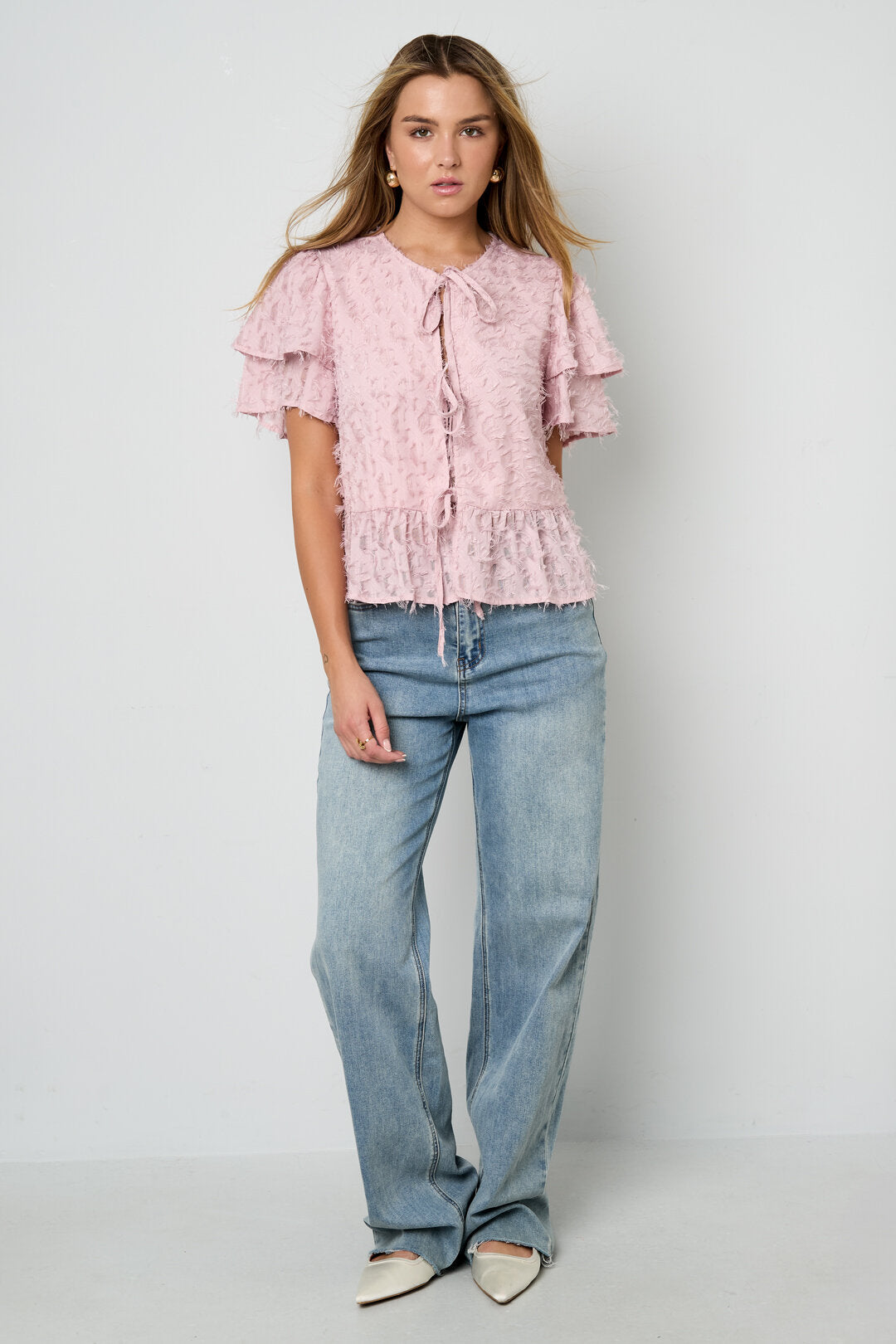 Woven Polyester Fiber Women's Short Sleeve Tops Elegant Tie-up Solid Color