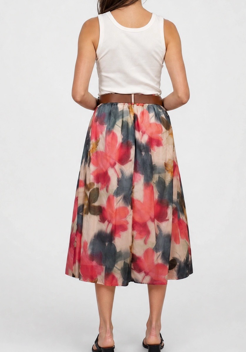 Jupe midi fluide Flora – Beige & Corai