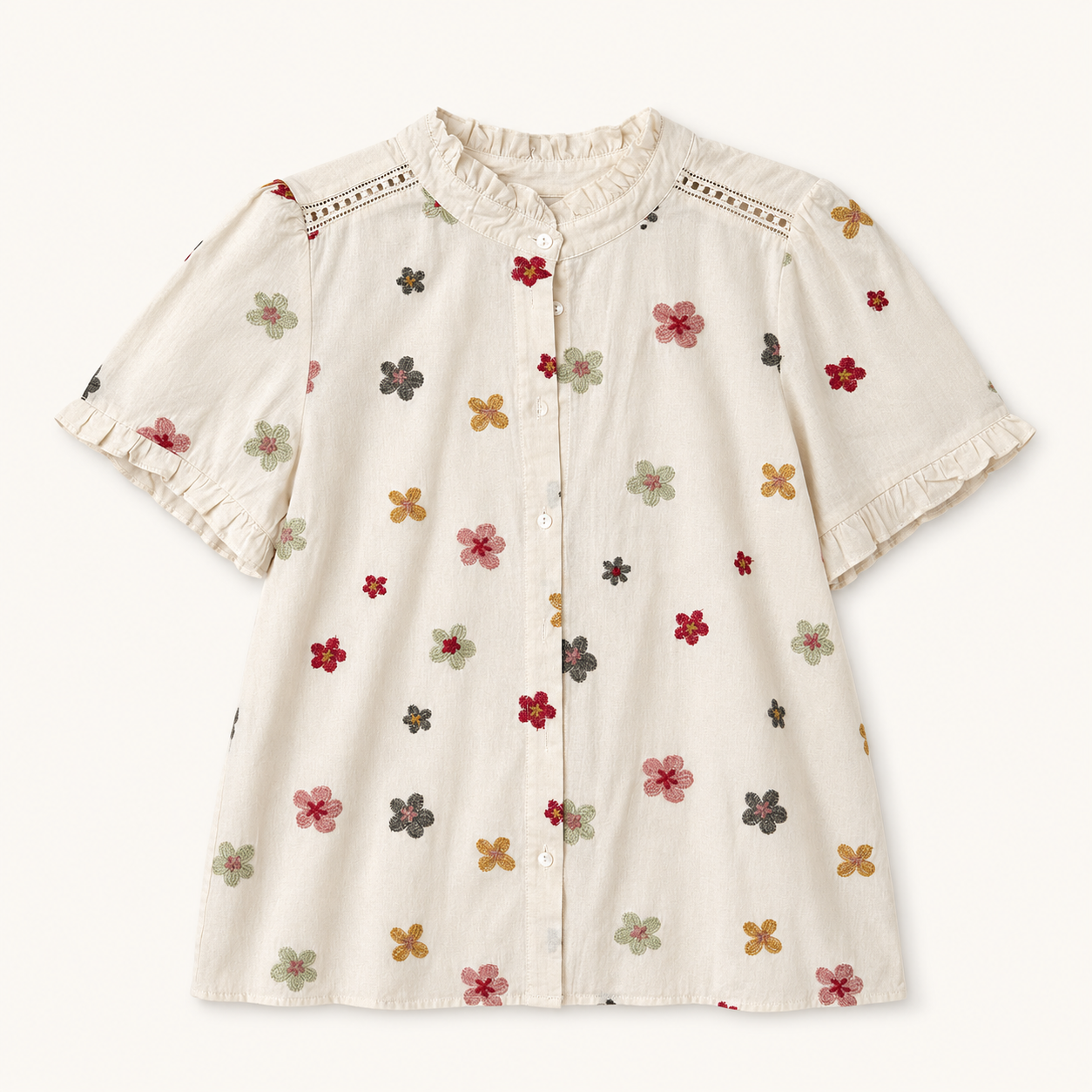 Blouse écrue brodée de fleurs multicolores en coton