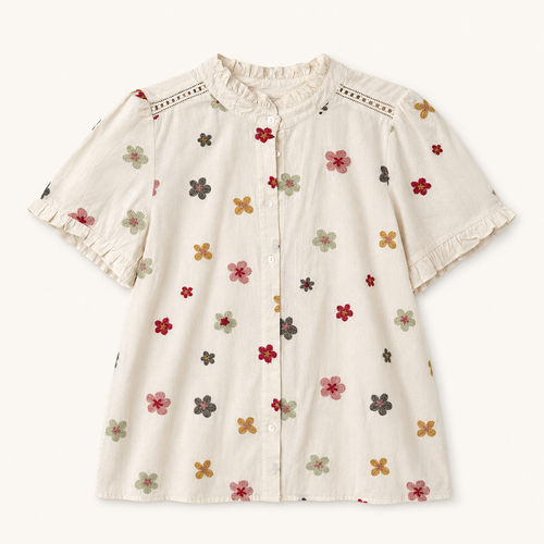 Blouse écrue brodée de fleurs multicolores en coton