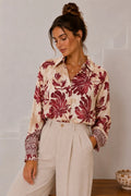 Chemise fluide imprimée bordeaux et écru en viscose, taille unique 36 à 44