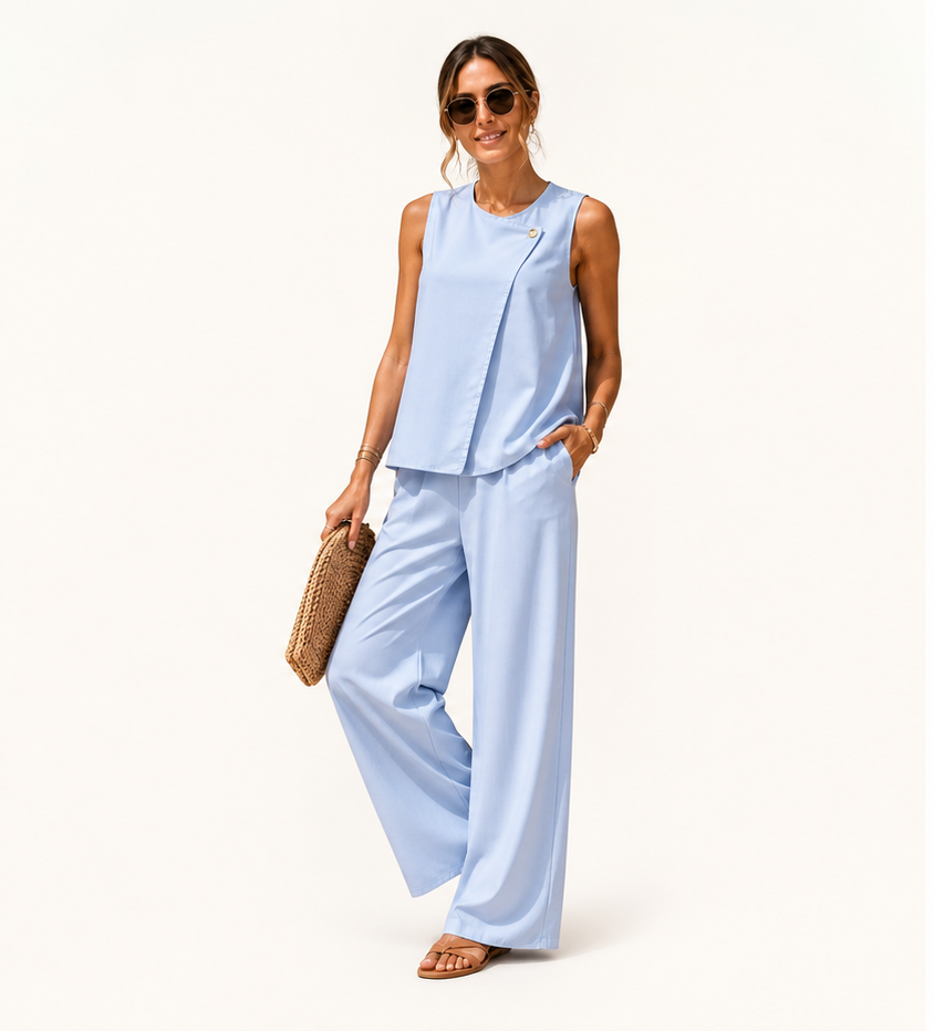 Ensemble fluide bleu ciel femme avec top sans manches et pantalon large