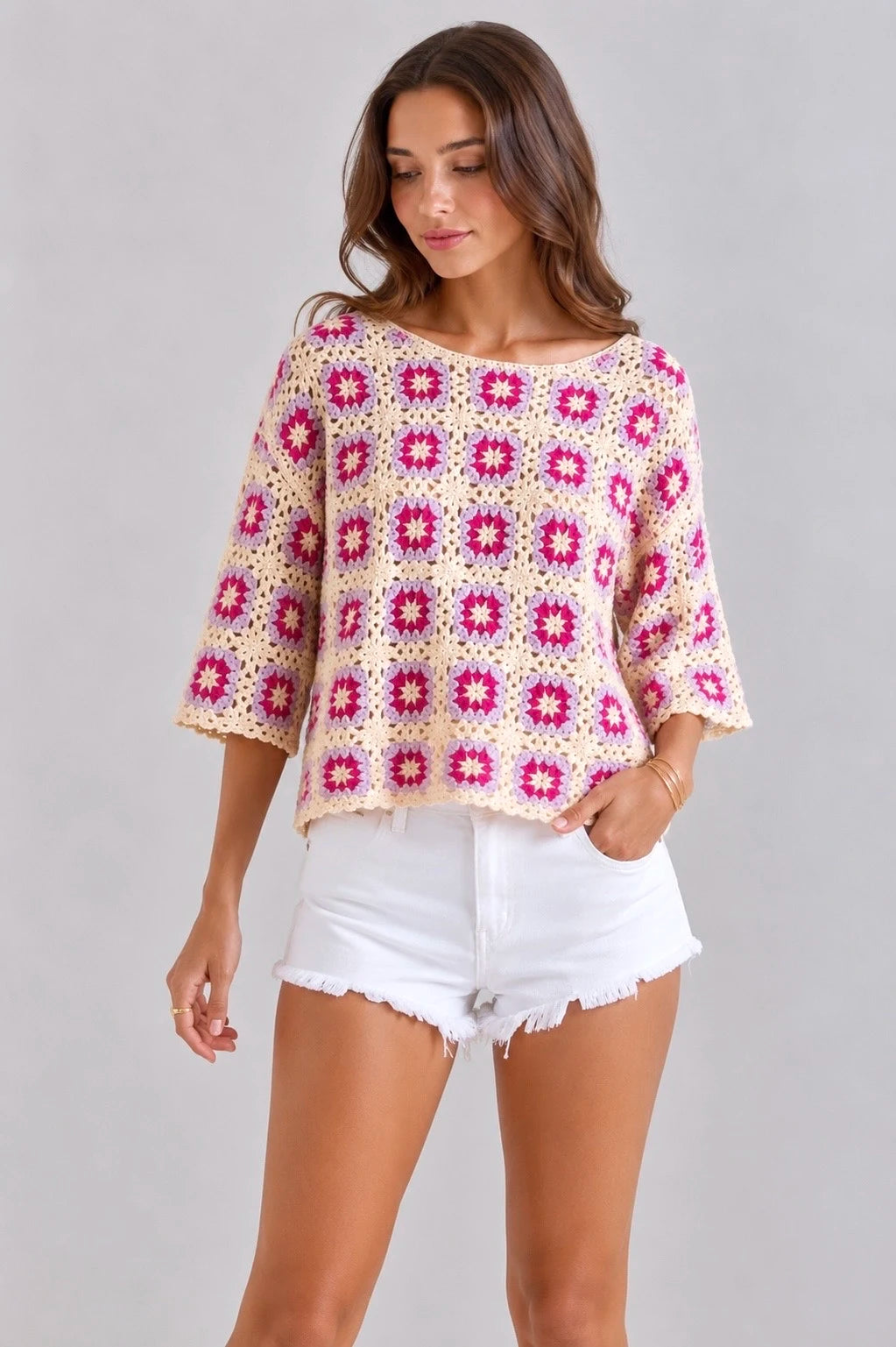 Top en crochet 100 % coton rose et écru, manches mi-longues, taille unique 36 à 42
