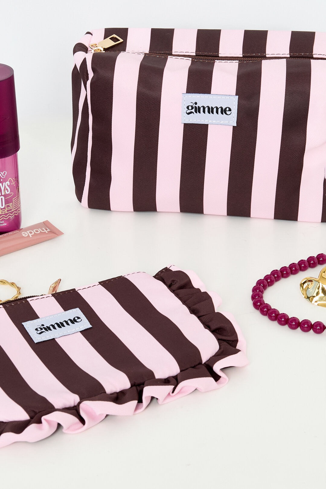 Trousse de maquillage rayée rose et marron
